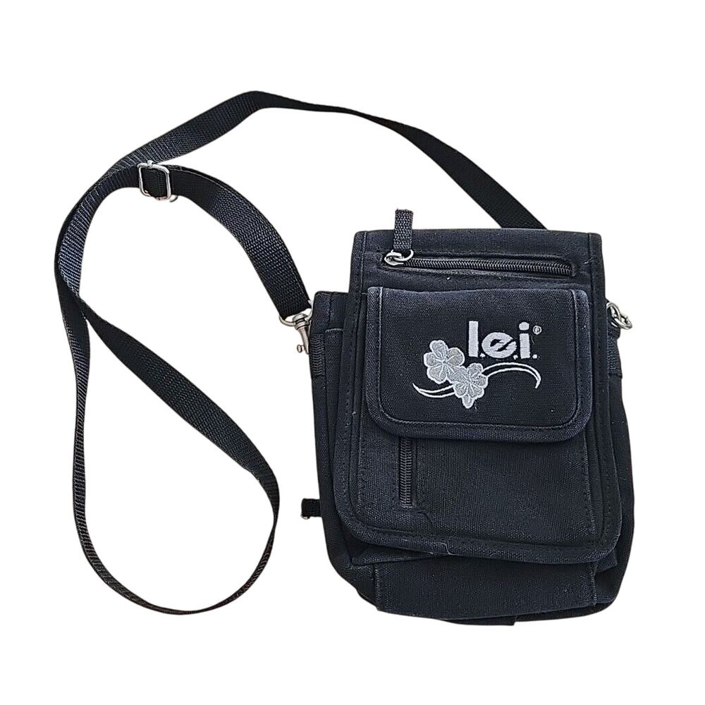 VTG Y2K LEI Black Canvas Multi Pockets Travel Mini Shoulder Crossbody Bag Purse